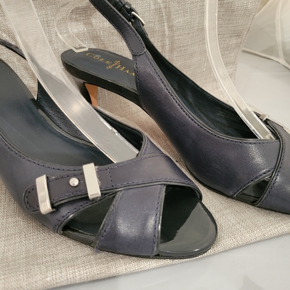 Cole Haan Air Christy Navy Peep-Toe Slingback Heels - Picture 4 of 8